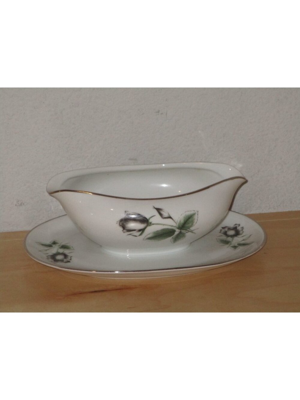 Stonegate Germany Bavarian Midnight Rose Gravy Boat with Attached Plate VTG Good
